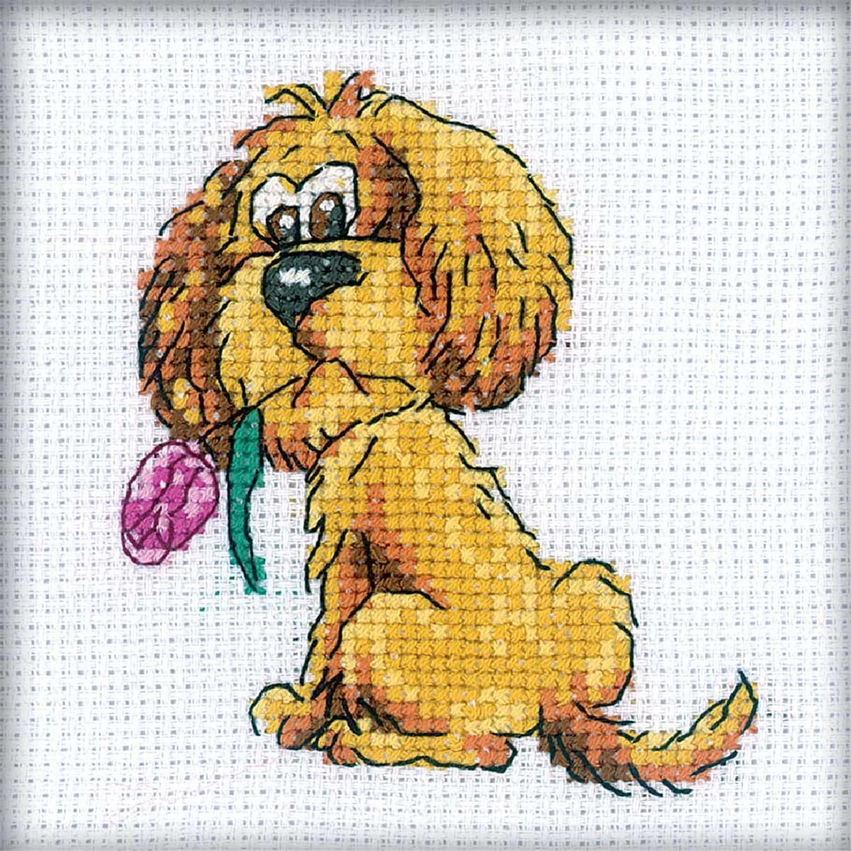 RTO counted Cross Stitch Kit ""Doggy with flower"" H202, 10x10 cm, DIY