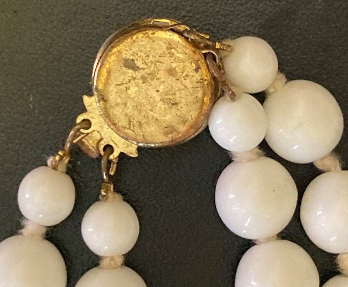 Collier Triple Rang Perles Pâte De Verre Blanche Vintage - Années 1950 - Marque Louis Rousselet - Occasion Bon état
