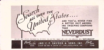 Neverdust Sweeping Compound Advertising Card Jno C.F. Snyder Philadelphia PA