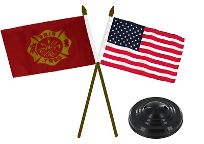 Fire Dept. Department & USA American Gold Staff Flags 4''x6'' Desk Set Black Base 