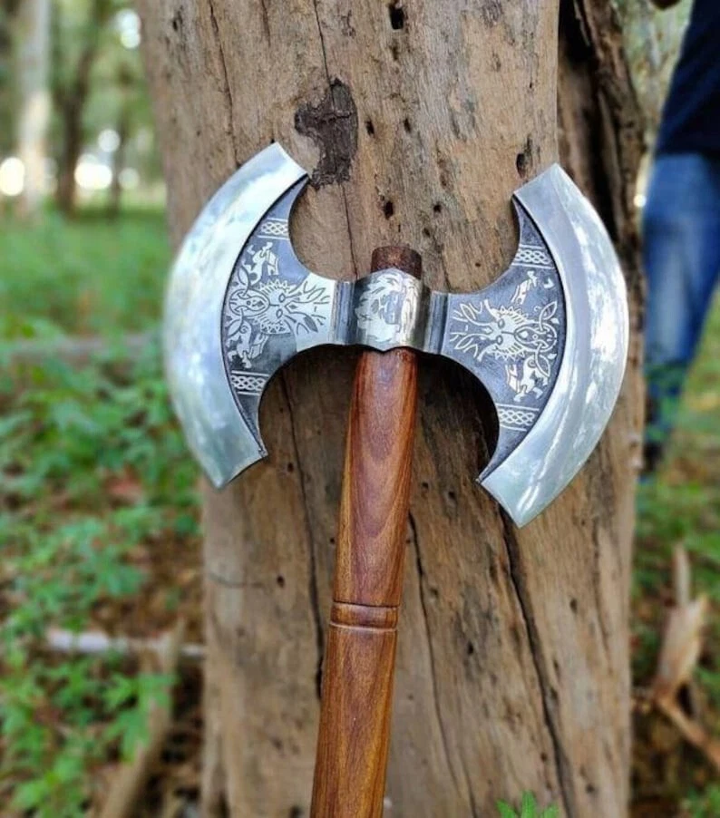 Custom Hand Forged Double Headed Viking Axe,Double Blade Axe with leather sheath - Image 2 of 4