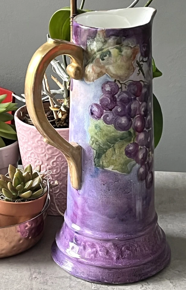 Precioso jarrón jarra vintage pintado a mano de uvas moradas de 12-1/4" de alto Foto 3 de 4