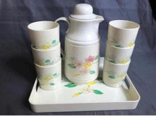 Vintage Tea Coffee Set by Phoenix Carafe Tray and Six Plastic Cups Floral jl