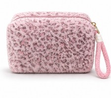 Pink Leopard Makeup Bag Plush Cosmetic Travel Pouch Wristlet Zip