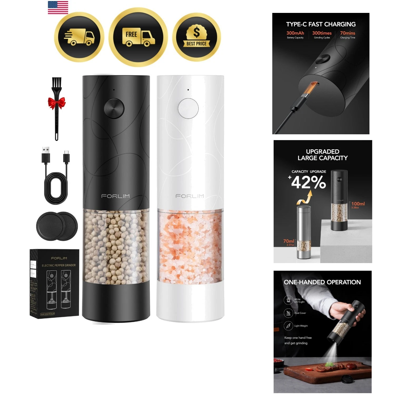 Electric Salt and Pepper Grinder Set, USB Rechargeable, Automatic Salt Pepper...