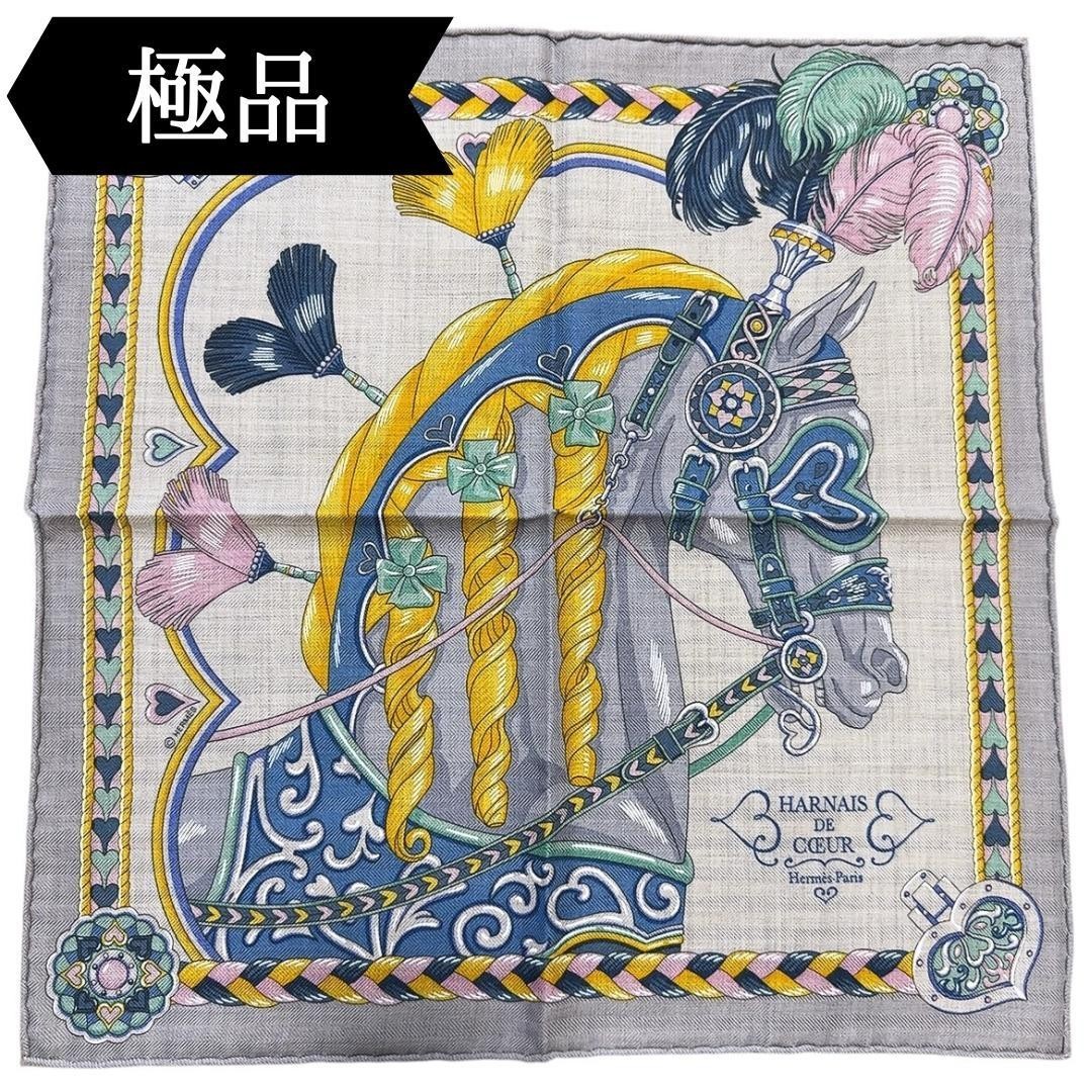 Hermes Gavroche 45 Cashmere Silk Scarf Harnais de Coeur Authentic Japan