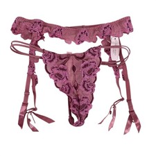 Victoria's Secret Lingerie Set Womens Small Thong Medium Garter Belt Pink Lace