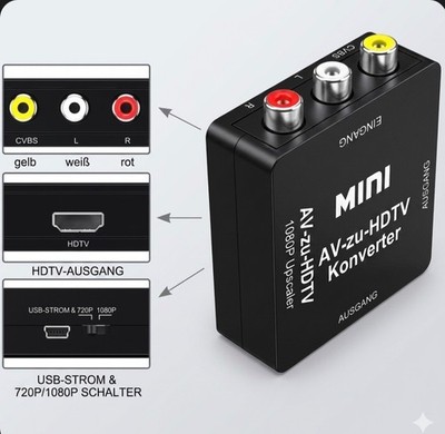 AV zu HDMI Adapter Konverter Full HD 1080p RCA Cinch auf HDMI mit Audio + Kabel