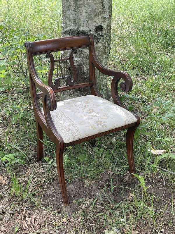 Vintage Mahogany Lyre Back Accent Arm Chair Upholstered Regency Empire Style