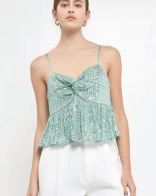 Endless Rose Sequin Camisole Top Babydoll in Green Size Small New NWT