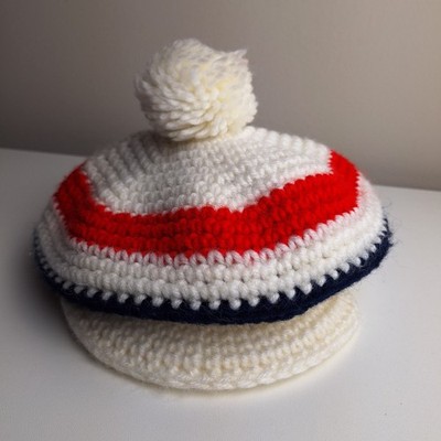 Vintage 70s Tam Hat Beret Favorette Crochet Cap Japan Pom Pom Red Off White Blue
