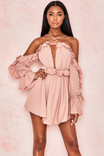NEW HOUSE OF CB Serenity Blush Mini Dress S Sexy Ruffle Backless Valentines