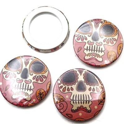 45mm Handmade Sugar Skull Mirror, Pocket Day Of The Dead Pink Lipstick Mirror 