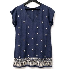 Zara Linen Dress Size 14 Embroidered Shift Navy Blue Cap Sleeve Short Boho 