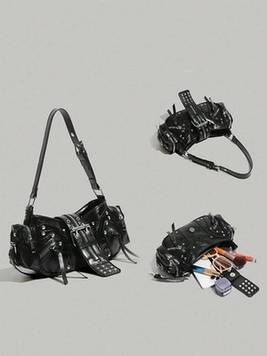 Women Black Moto Satchel Y2K Grunge Studded Shoulder Bag Large