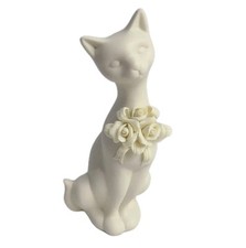Vintage Siamese Cat Porcelain Bisque Ceramic Figurine Flowers Trinket White 7"