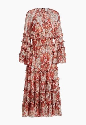  Cinq à Sept Damask Sunnina Ruffled Tiered Midi Dress Size 10