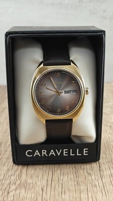 Caravelle by Bulova 44C109 Quartz Day Date Retro Gold Cushion Case/Grey Dial B8