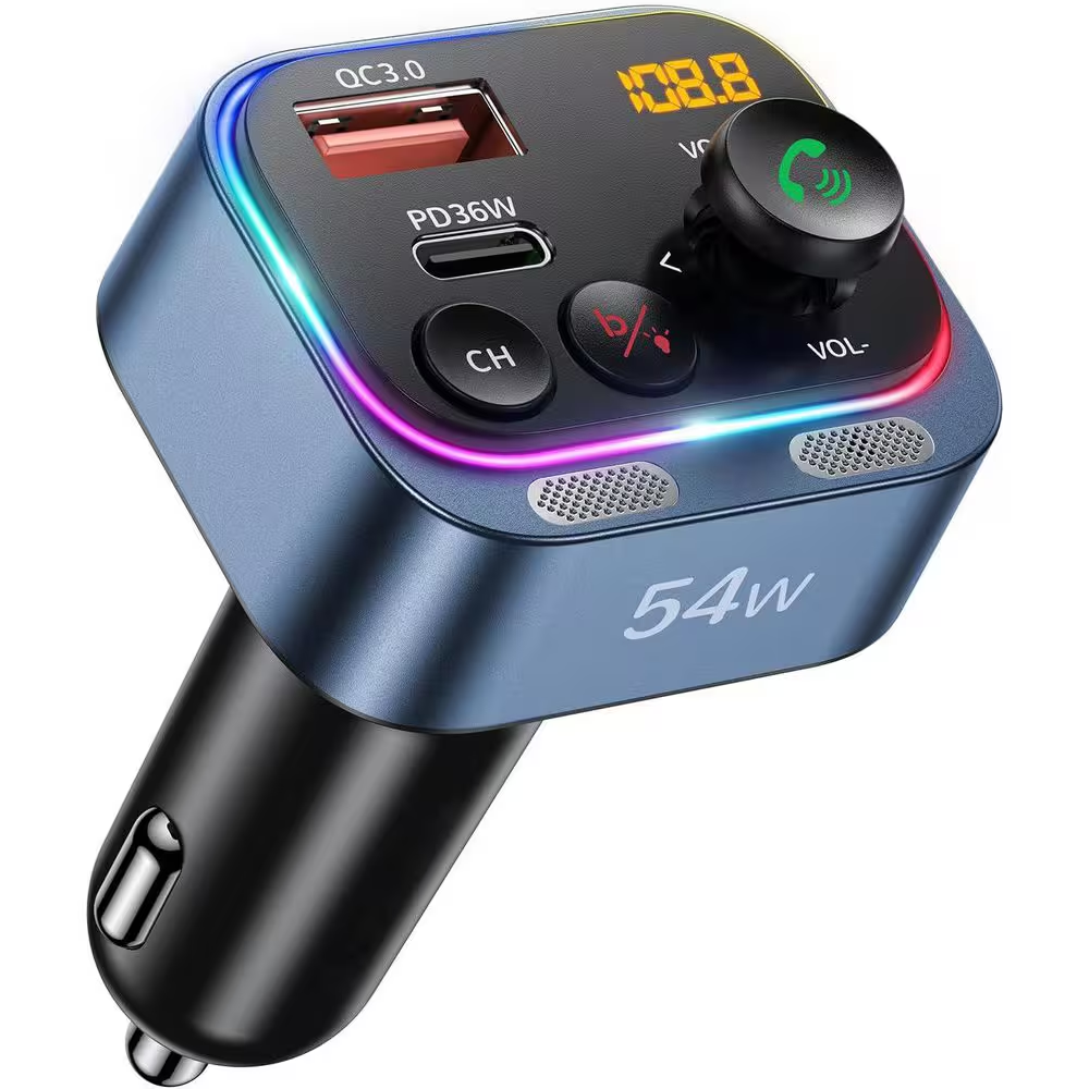 Bluetooth 5.4 FM Transmitter Car Adapter with 54W Fast Charging and Dual Mics