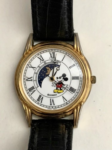 Vintage Disney Mickey Mouse Mondphase Quarzuhr schwarzes Band