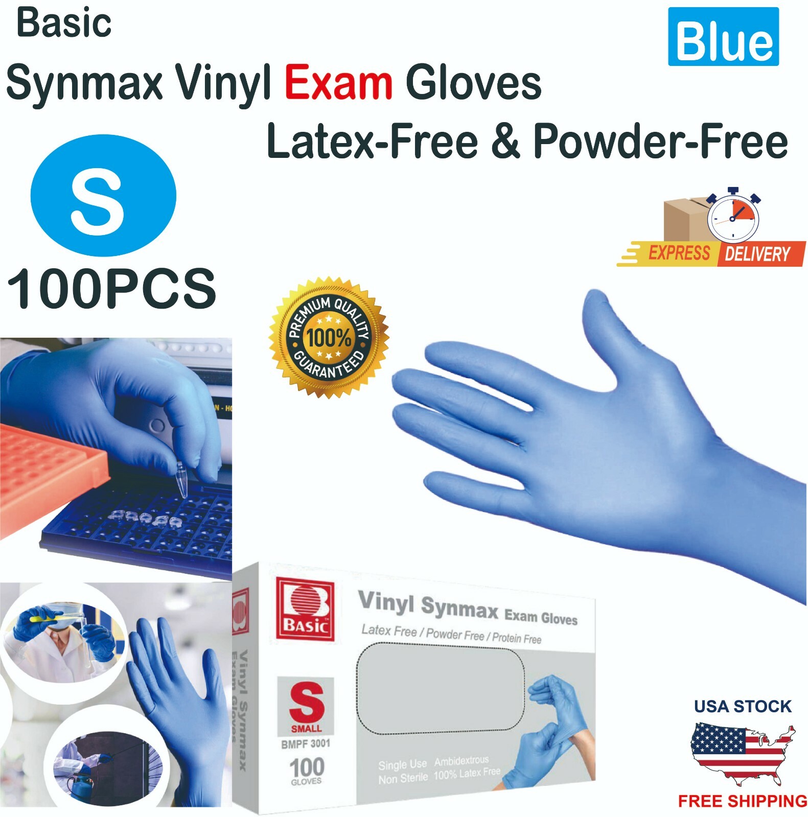 Basic 100 PCS Blue Synmax Vinyl Exam Gloves LatexFree & PowderFree SSIZE eBay