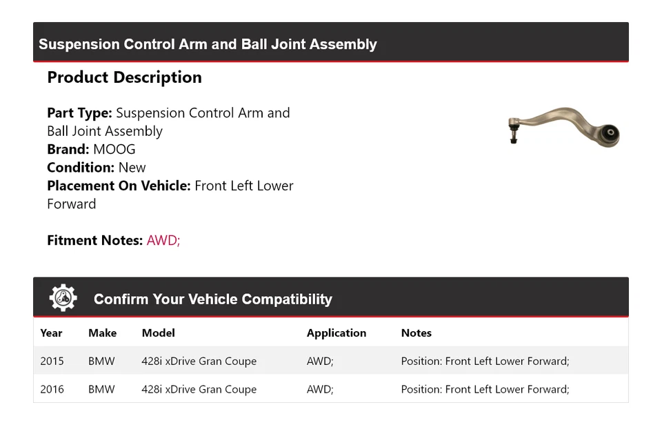 Conjunto de rótula brazo de control para BMW 428i xDrive Gran Coupé 2015-2016 MOOG Foto 2 de 4