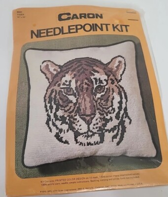 TIgee Caron Needlepoint Kit Tiger 14x14 - Made and Printed In USA 1975