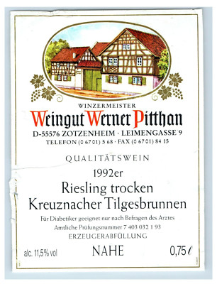 Vintage Weingut Werner Pitthan Winzermeister German Wine Label S80E