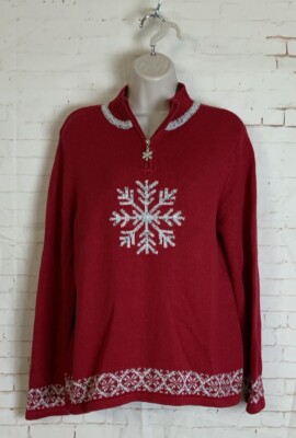 Breckenridge Womens Petite Red 1/4 Zip Snowflake Print Sweater Size PL