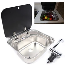 RV Caravan Kitchen Sink Camper Hand Wash Basin Stainless Steel with Faucet & Lid