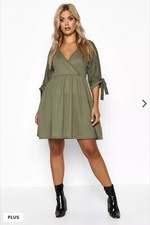 Plus Tie Sleeve Wrap Smock Dress Khaki Size 22 BNWT