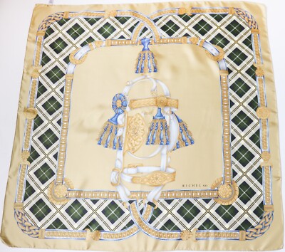  Seidentuch Vintage - RICHEL XXI - beige gold / grün kariert - LARGE