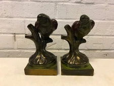 Vintage Antique Art Deco Pair of Metal Clad Painted Parrot Bookends