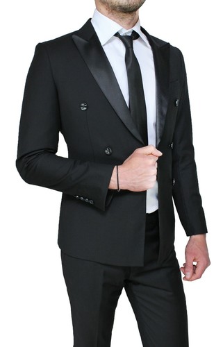 ABITO UOMO DIAMOND RASO NERO DOPPIO PETTO COMPLETO SMOKING ELEGANTE  CERIMONIA | eBay