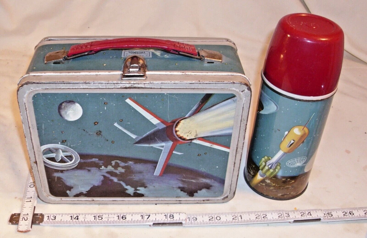 OUTER SPACE ROCKETS AND SATELLITES METAL LUNCHBOX & THERMOS 1958 NICE!