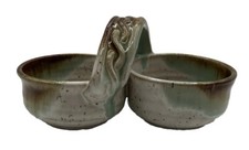 GARNETT STUDIO ART POTTERY HAND MADE DIVIDED BOWLS ATTACHED HANDLE DRIP GLAZE