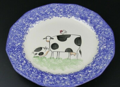 Download Vintage Molly Dallas Art Pottery Blue Spatterware Cow Pig Plate Set Of 11 Ebay