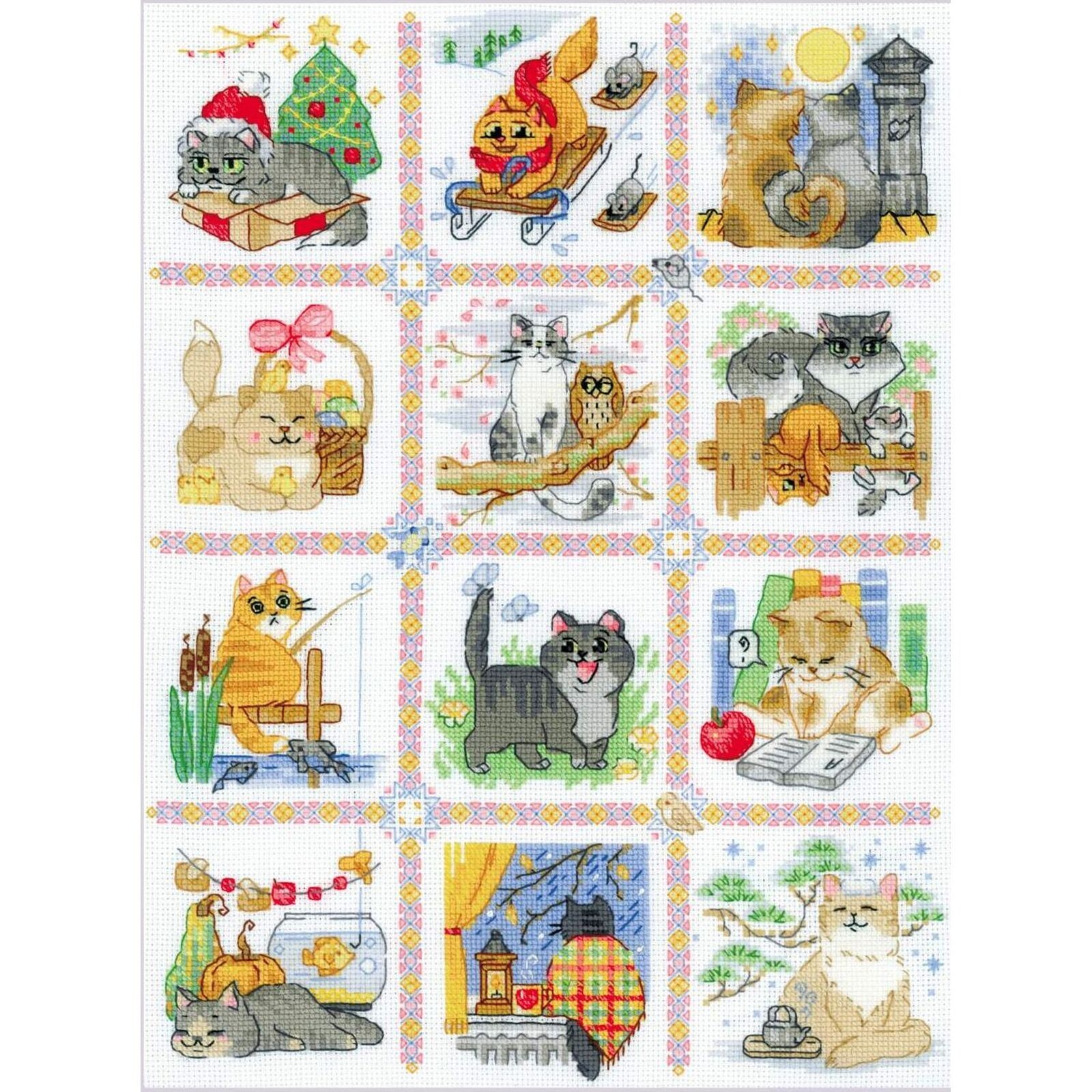 Kit point de croix Riolis 2136 Calendrier des chats idée cadeau idéale pour passionnés de broderie