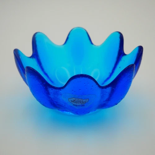VTG BLENKO Lotus Bowl Blue Art Glass 2002 8-Finger Scallop 5.5"x2.5" Label & Sig