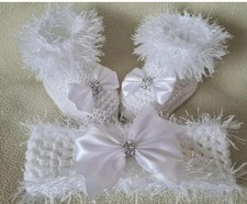 Hand knitted Romany Bling baby girls booties/shoes/Crochet headband.0-3 months