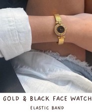 Gold Metal Dress Wristwatch Black Dial Analog Display Elastic Band Women's