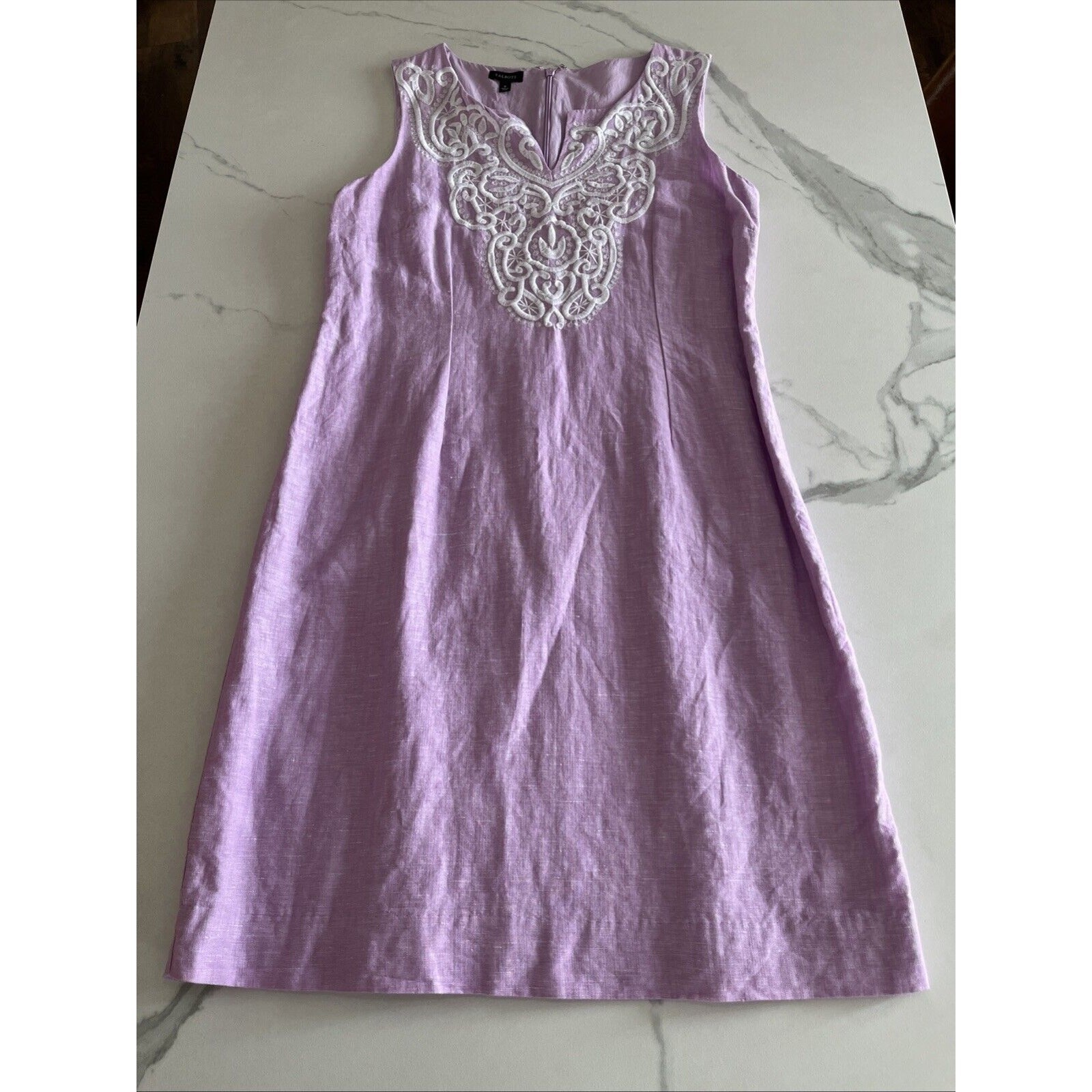 Talbots Womens Sleeveless Linen Blend Shift Dress Embroidered Size 6 Lilac EUC