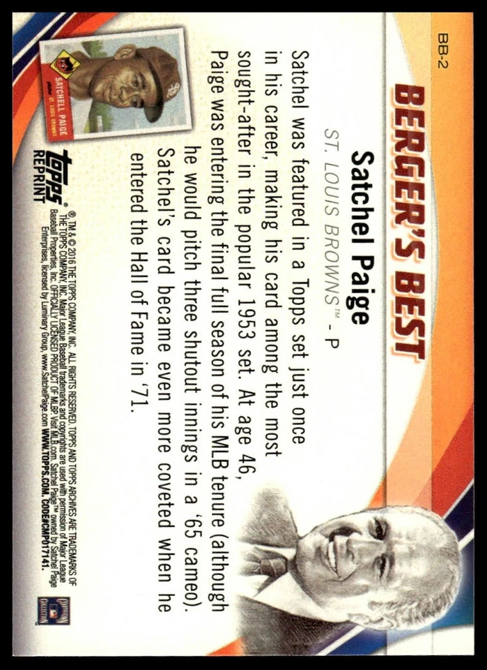 2016 Topps #BB-2 Satchel Paige Berger's Best (Series 1) - Image 2 of 2