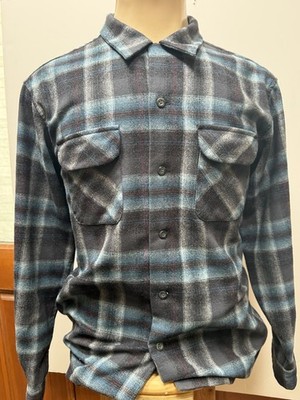 Vintage 60S Style Pendleton Board Shirt Mens Large Wool Plaid Loop Collar Blue/G