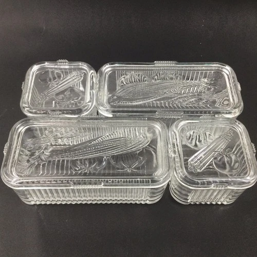 Set Of 4 Vintage Federal Ribbed Glass Refrigerator Dishes Embossed Veggie Motif