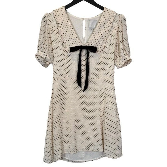 Reformation Size 10 Kaylia Puff-Sleeve Mini Dress Black & Ivory Polka Dot - Image 3 of 4