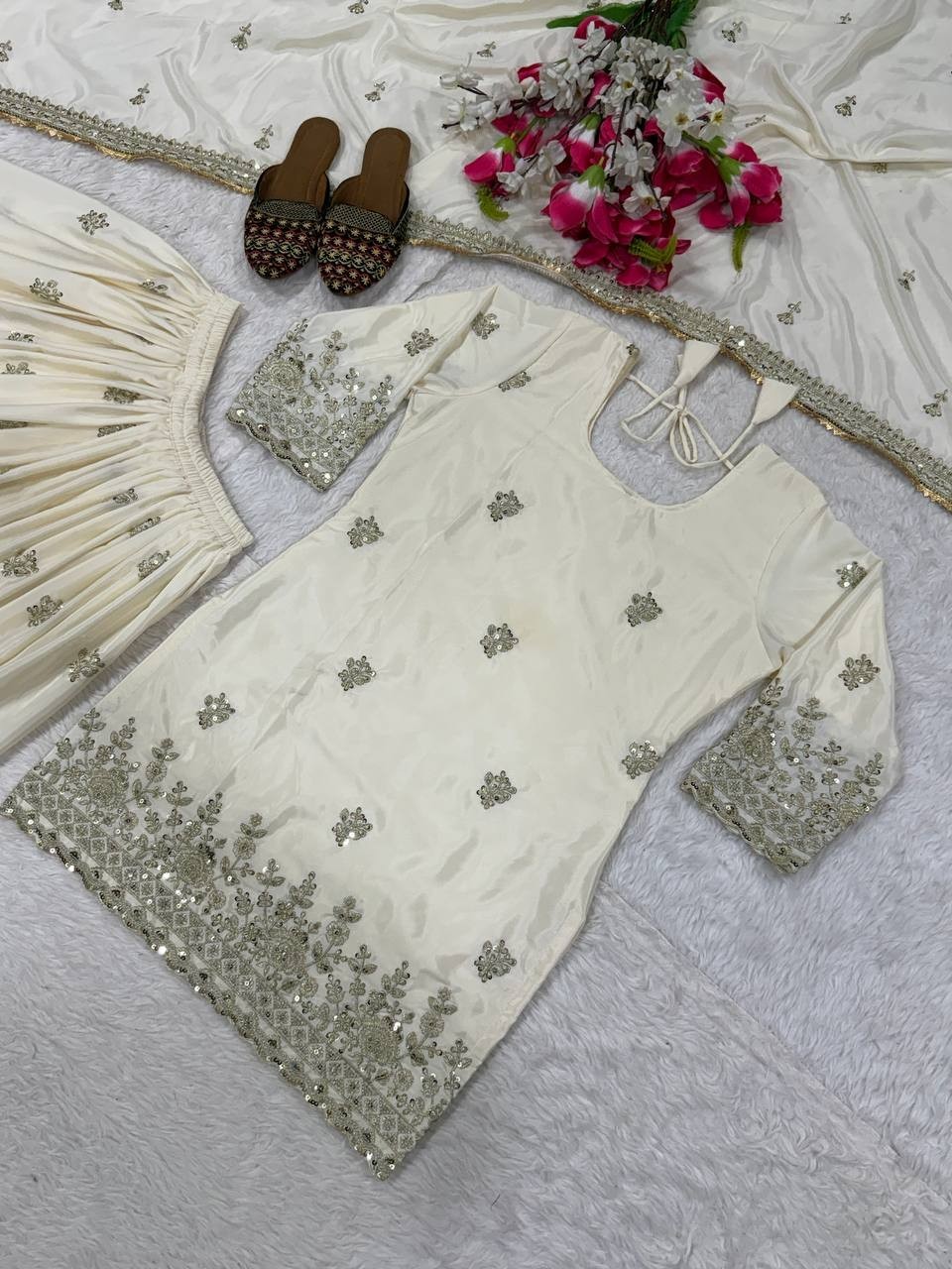 Ethnic Wear Off White Crepe Kurta Palazzo With Dupatta For Women & Girls thumbnail 3