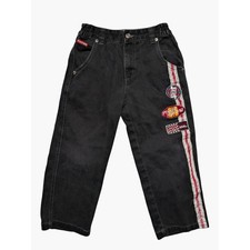 VTG Plugg Racing Jeans Boys 6L Y2K Black Denim Striped Patch Wide
