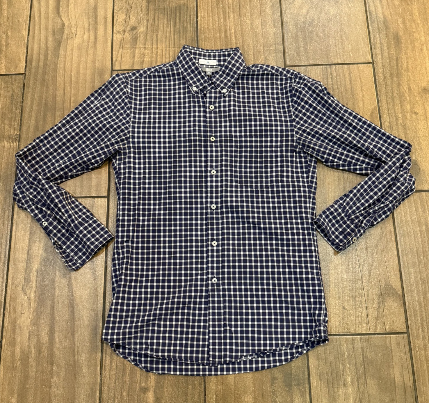 Uniqlo Long Sleeve Cotton Navy Blue White Gingham Check Button Up Shirt Men's XS