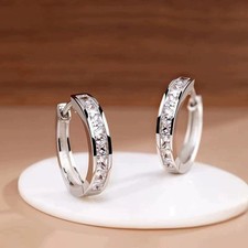 Shiny 925 Sterling Silver CZ Crystal Huggie Hoop Circle Earrings Women Girl Gift